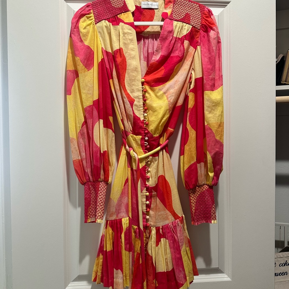 Rebecca Vallance Pink and Red Wrap Sundress with Bishop Sleeves